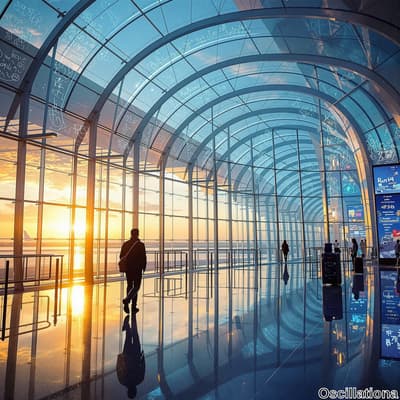 "A modern airport terminal with large glass arches, bathed in warm orange and yellow hues of sunrise or sunset.