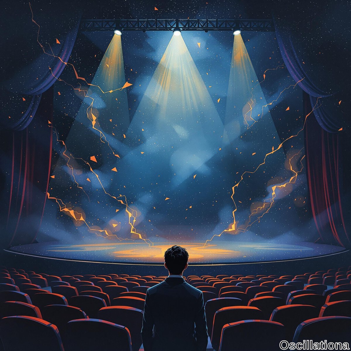 A lone figure stands on a circular, warmly lit stage under three powerful spotlights, against a deep blue backdrop with orange lightning-like patterns creating a cosmic atmosphere.