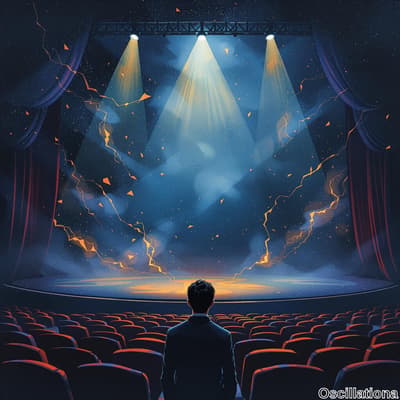 A lone figure stands on a circular, warmly lit stage under three powerful spotlights, against a deep blue backdrop with orange lightning-like patterns creating a cosmic atmosphere.