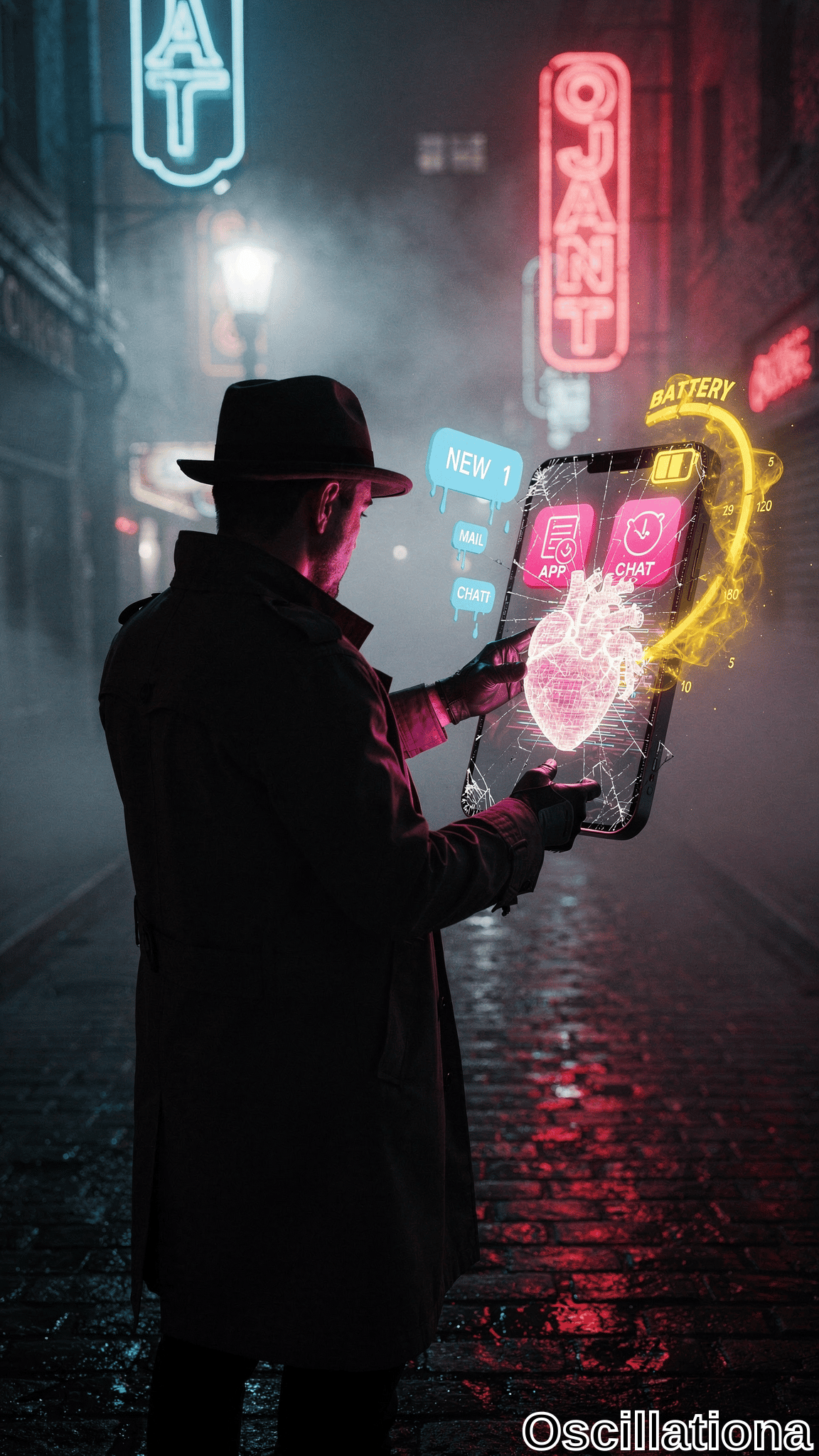 Cyberpunk noir alley at night: rain-slicked cobblestones reflect red-blue neon amid fog. Mysterious man in fedora, trench coat, gloves holds cracked phone displaying AR hologram—pink pulsing wireframe heart, icons