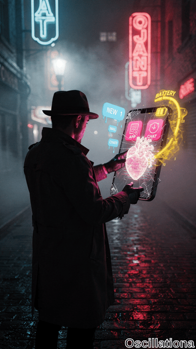 Cyberpunk noir alley at night: rain-slicked cobblestones reflect red-blue neon amid fog. Mysterious man in fedora, trench coat, gloves holds cracked phone displaying AR hologram—pink pulsing wireframe heart, icons