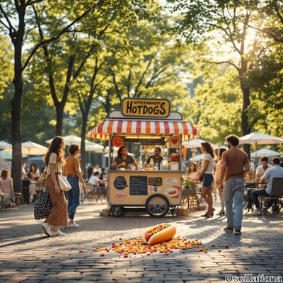 A bustling park scene with Appenzeller's Hotdogs stand at the center, featuring an orange and white striped awning and hot dog-themed decor.