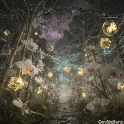 A surreal forest scene with large white and pink orchids on tall bamboo-like stems, surrounded by geometric, glowing golden-yellow lanterns with a crystalline lattice design