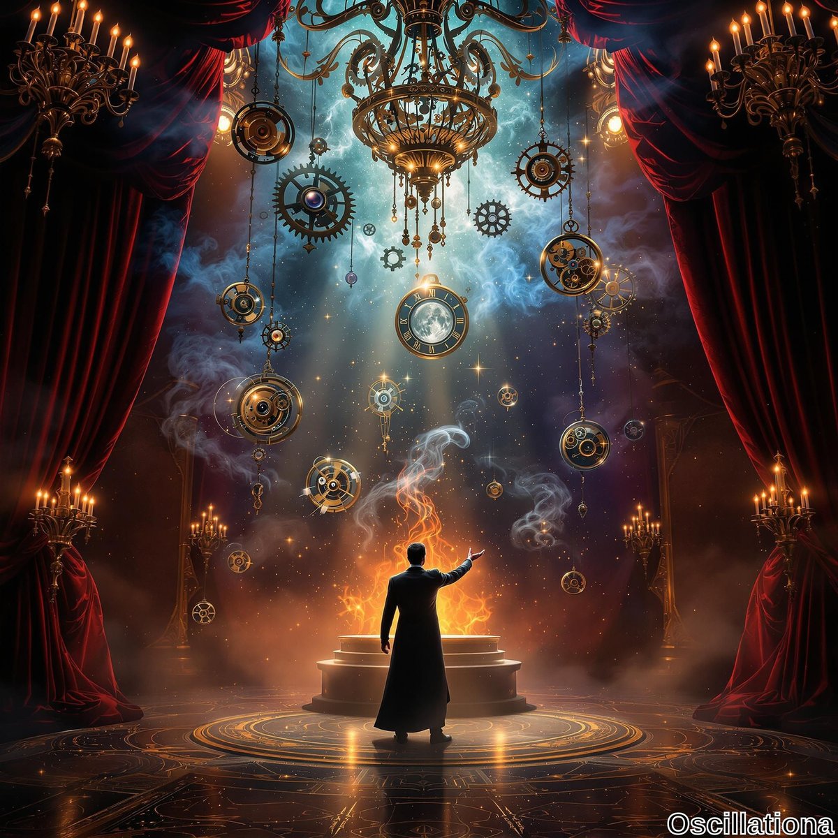 A person in a dark coat stands on a glowing, fiery platform, arm raised in a magical gesture, surrounded by ornate golden chandeliers casting warm light.
