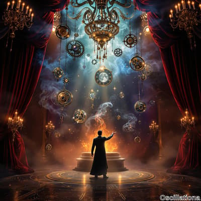A person in a dark coat stands on a glowing, fiery platform, arm raised in a magical gesture, surrounded by ornate golden chandeliers casting warm light.