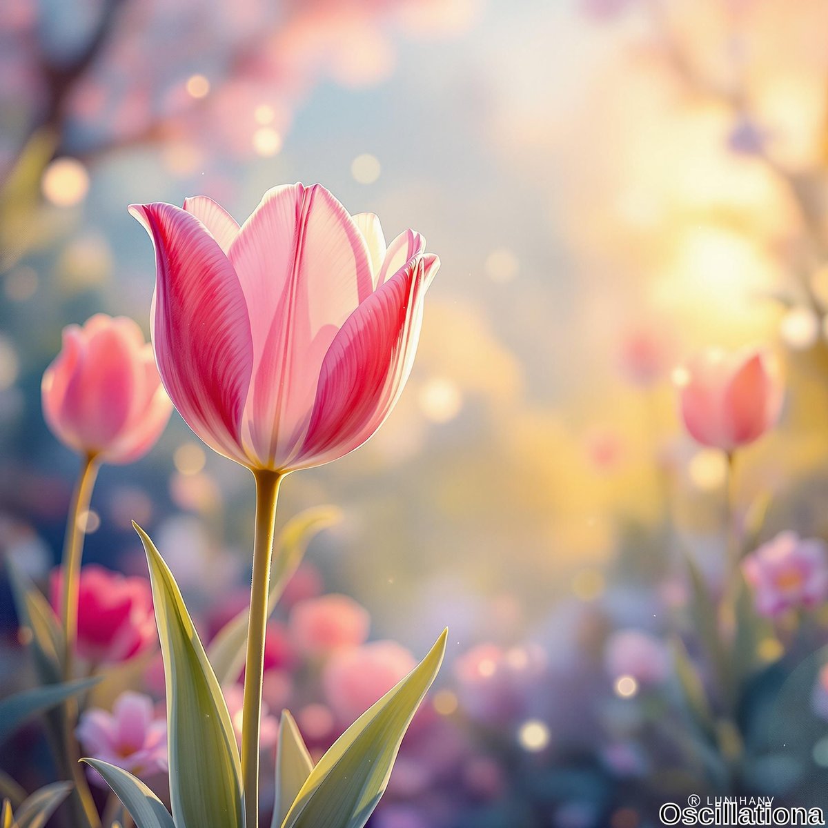A vibrant pink tulip with soft petals and white veining stands tall in a lush garden, surrounded by other pastel tulips.