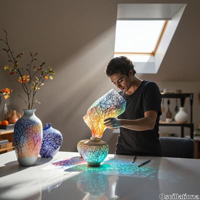 A person in a well-lit studio works on a colorful ceramic vessel with intricate tree branch or vein-like patterns in vibrant blue, green, yellow, and orange hues.