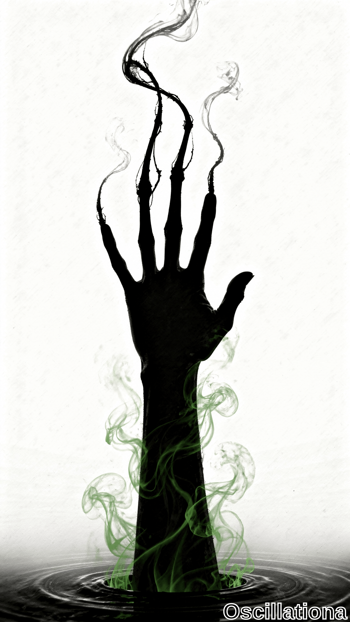 A black hand silhouette emerges from a dark reflective surface, with swirling green smoke and black vapor tendrils rising from elongated fingers against a plain white background.