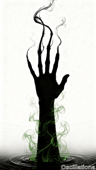 A black hand silhouette emerges from a dark reflective surface, with swirling green smoke and black vapor tendrils rising from elongated fingers against a plain white background.