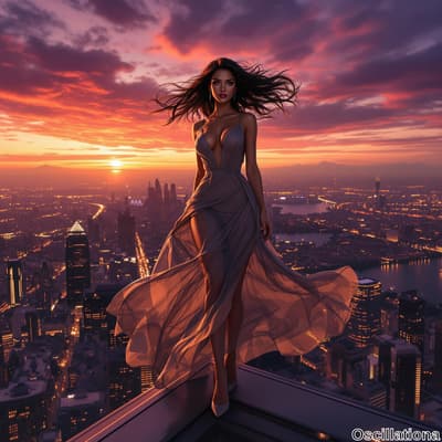 A woman in a flowing sheer gray gown with a high slit stands confidently on a skyscraper's edge at sunset, her long tousled hair blowing in the wind.