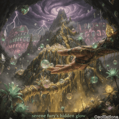 A large, muscular arm with golden, molten substance flowing from it, surrounded by iridescent bubbles, intertwined with vines and plants in the foreground