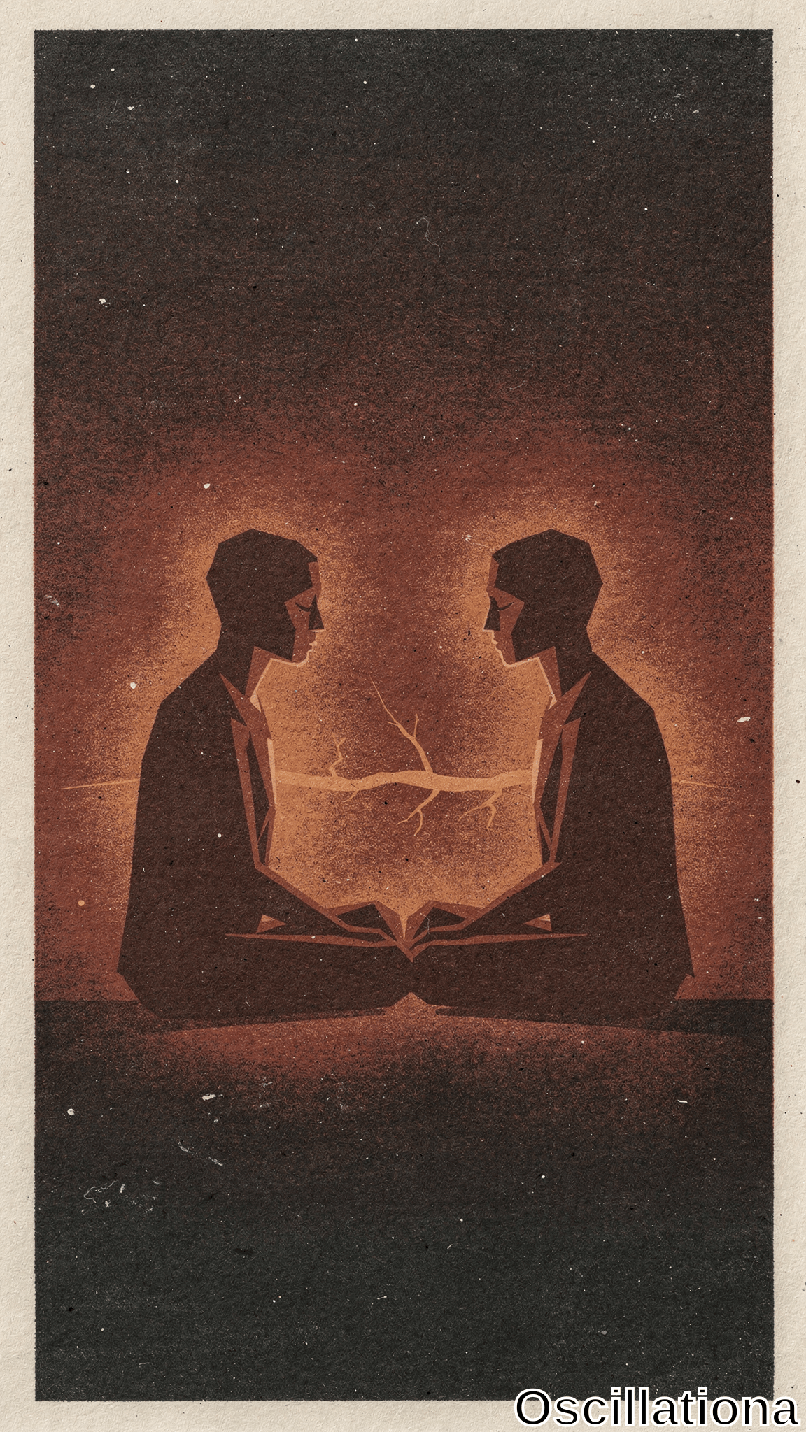 Linocut-style Tarot silhouette of two symmetric androgynous men in profile lotus pose wearing suits, palms pressed together, foreheads linked by radiant golden lightning arc on cosmic speckled dark background fading to orange embers.