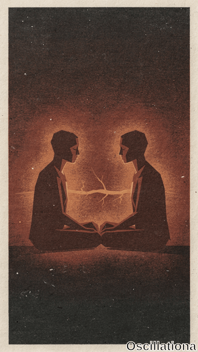 Linocut-style Tarot silhouette of two symmetric androgynous men in profile lotus pose wearing suits, palms pressed together, foreheads linked by radiant golden lightning arc on cosmic speckled dark background fading to orange embers.
