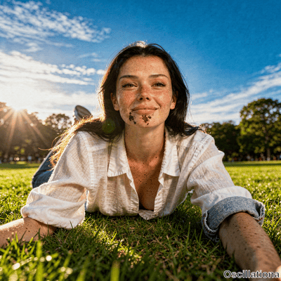 A young woman with freckles & long dark hair lies on stomach in green park during golden hour propped on elbows smiling at camera with smudge on mouth in white shirt & blue jeans as sun lens flare casts warm glow.