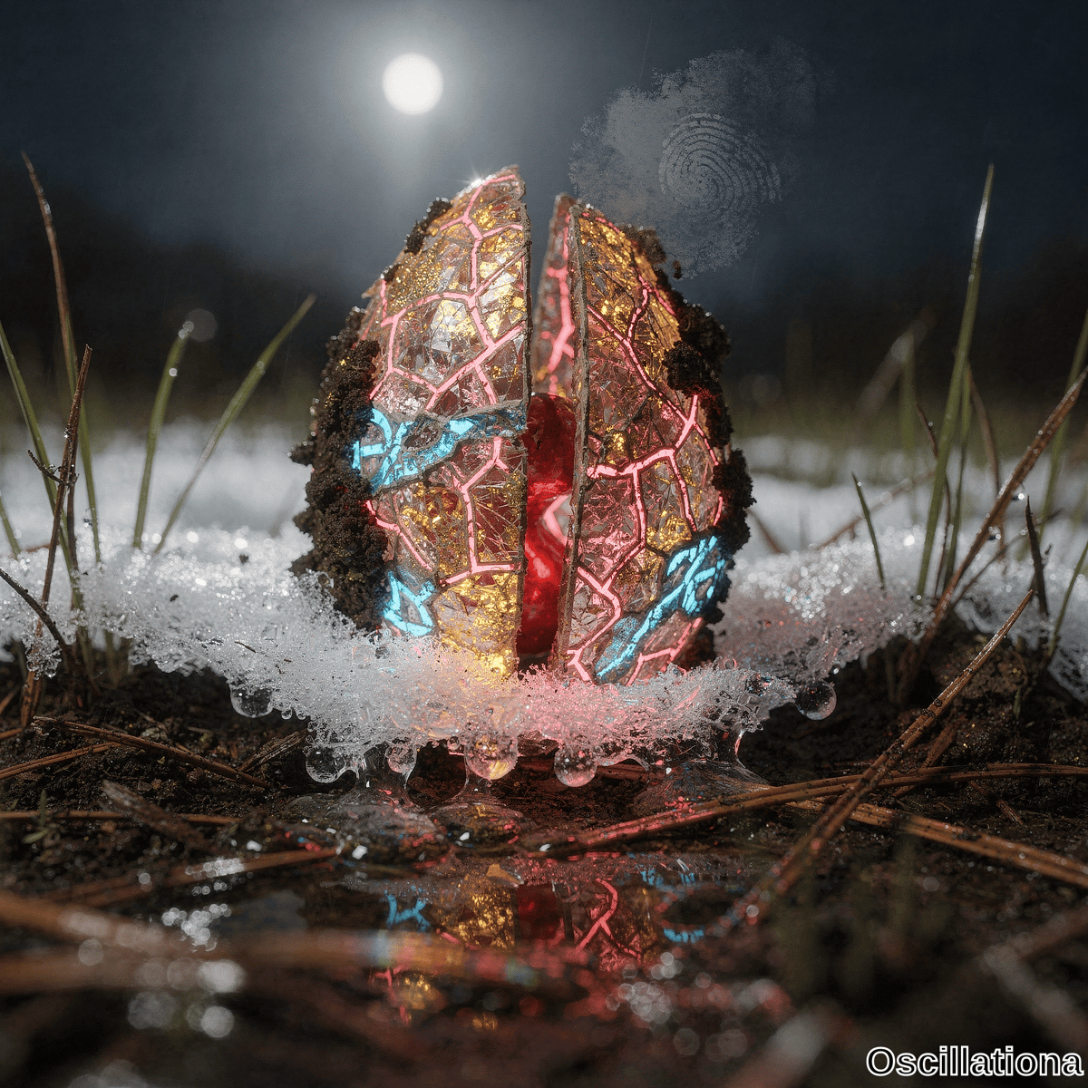 Split egg-shaped crystal in snowy night with dark glowing neon pink mosaic inside with gold blue symbols radiating light in fantasy cyberpunk style.
.