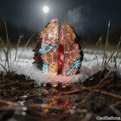 Split egg-shaped crystal in snowy night with dark glowing neon pink mosaic inside with gold blue symbols radiating light in fantasy cyberpunk style.
.