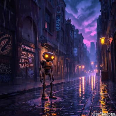 A rainy city alleyway at twilight, bathed in purple and blue hues, features a whimsical robot with glowing orange eyes and a metallic body standing in the foreground.