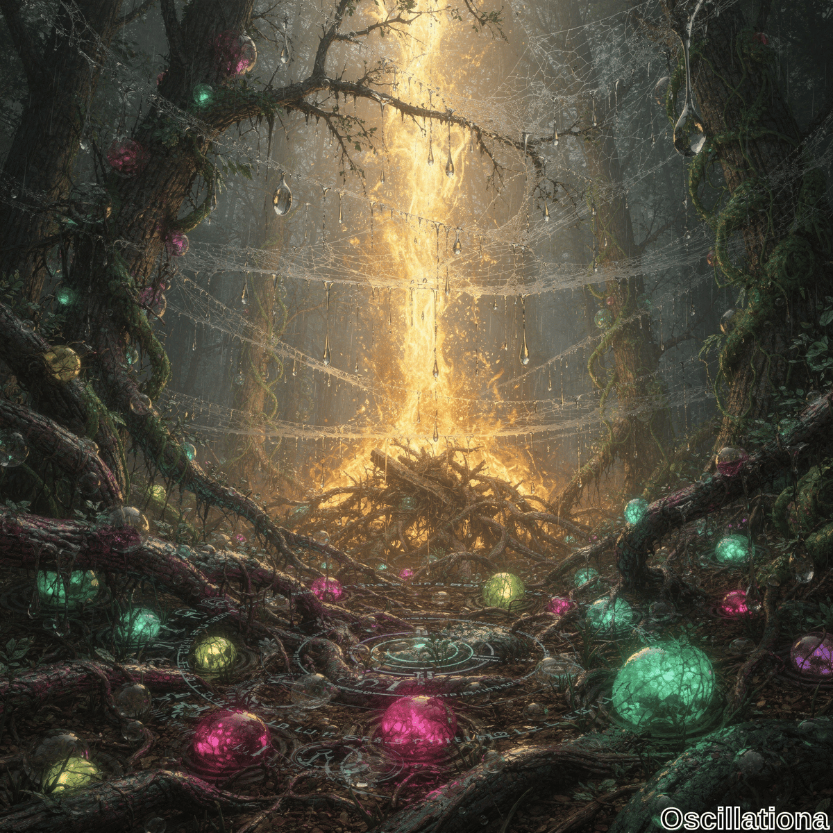 A mystical forest scene with a central fiery column of light emanating from roots and branches, surrounded by dense, gnarled trees covered in moss and vines