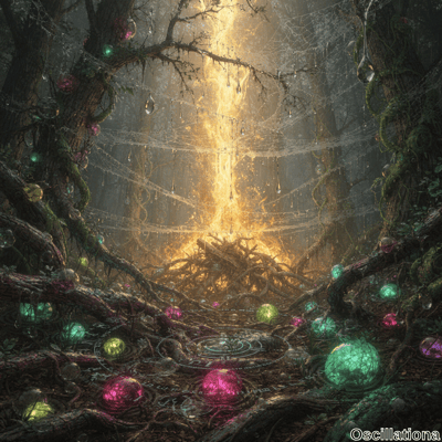 A mystical forest scene with a central fiery column of light emanating from roots and branches, surrounded by dense, gnarled trees covered in moss and vines
