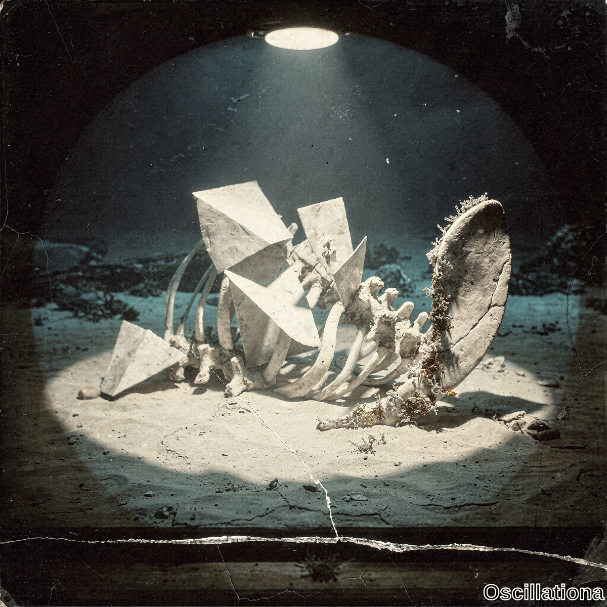 Surreal vintage photo of underwater cave with spotlight on hybrid whale skeleton sculpture on sand beside coral covered circular disc in aged style.
.