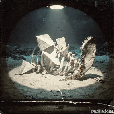 Surreal vintage photo of underwater cave with spotlight on hybrid whale skeleton sculpture on sand beside coral covered circular disc in aged style.
.