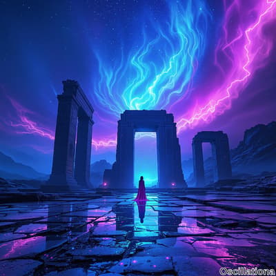 A lone figure in a red cloak stands on a reflective, cracked stone surface at night, facing away from the viewer.