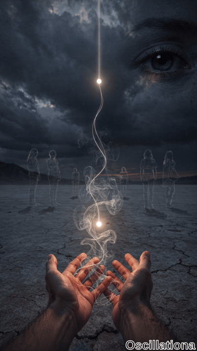A surreal scene with a barren, cracked landscape under a dark, cloudy sky