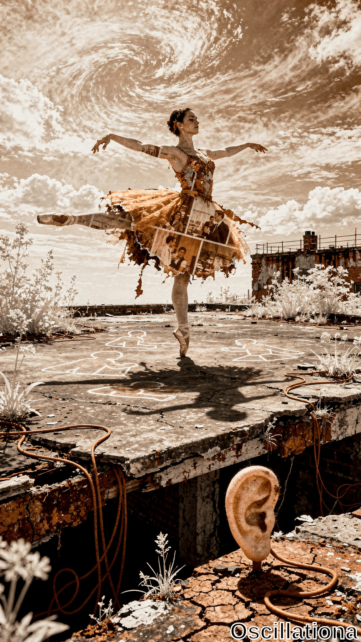 Surreal sepia-toned photo of tattooed ballerina in arabesque on pointe atop cracked rooftop, elaborate tutu of yellow-orange fabrics, torn newspapers, faded photos fluttering. Amid rust hoses, white weeds, chalk child