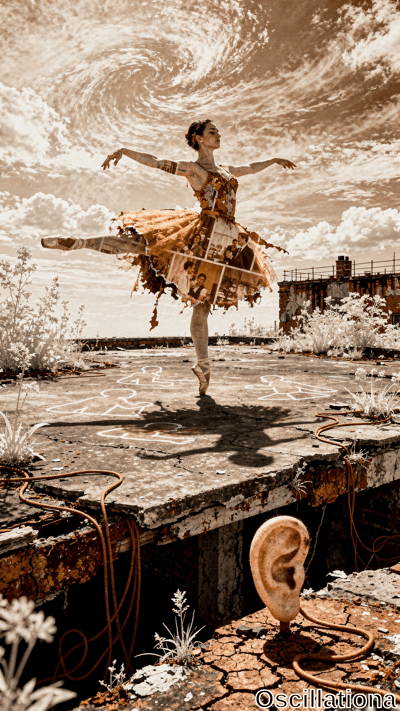 Surreal sepia-toned photo of tattooed ballerina in arabesque on pointe atop cracked rooftop, elaborate tutu of yellow-orange fabrics, torn newspapers, faded photos fluttering. Amid rust hoses, white weeds, chalk child