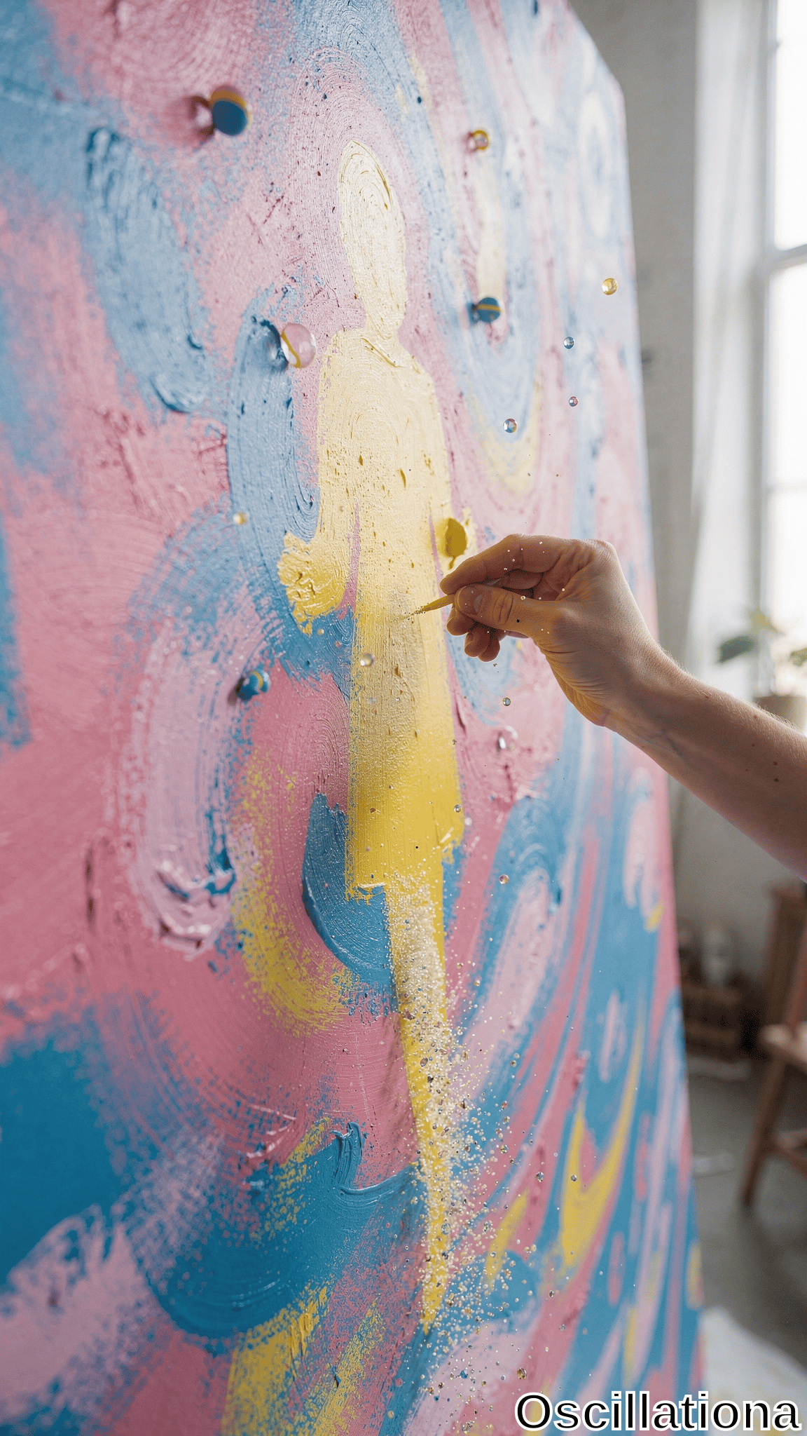 Vibrant close-up multi-exposure photo of pale artist's hand with yellow brush adding paint to golden silhouetted feminine figure amid impasto swirls in magenta, teal, yellow on canvas "Oscillation"; glossy beads evoke cosmic motion