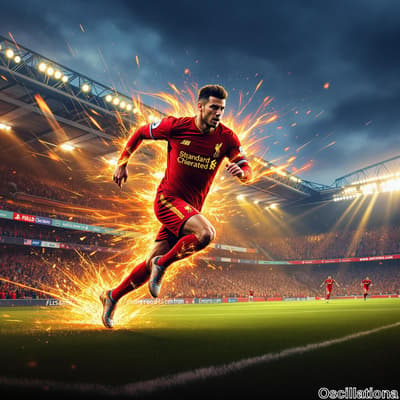 A Liverpool FC player in a vibrant red kit sprints intensely across a lush green pitch, surrounded by an explosive burst of orange and yellow that emphasizes his speed.