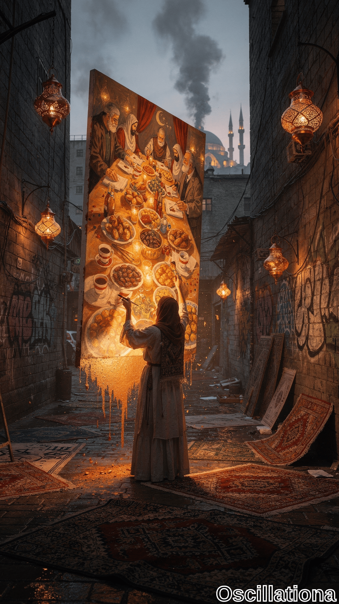 Surreal twilight alley in gritty Istanbul style: veiled woman in hijab paints golden strokes on glowing mural of fused Last Supper—robed men feast on flatbreads, olives, dates amid rugs, lanterns, minarets