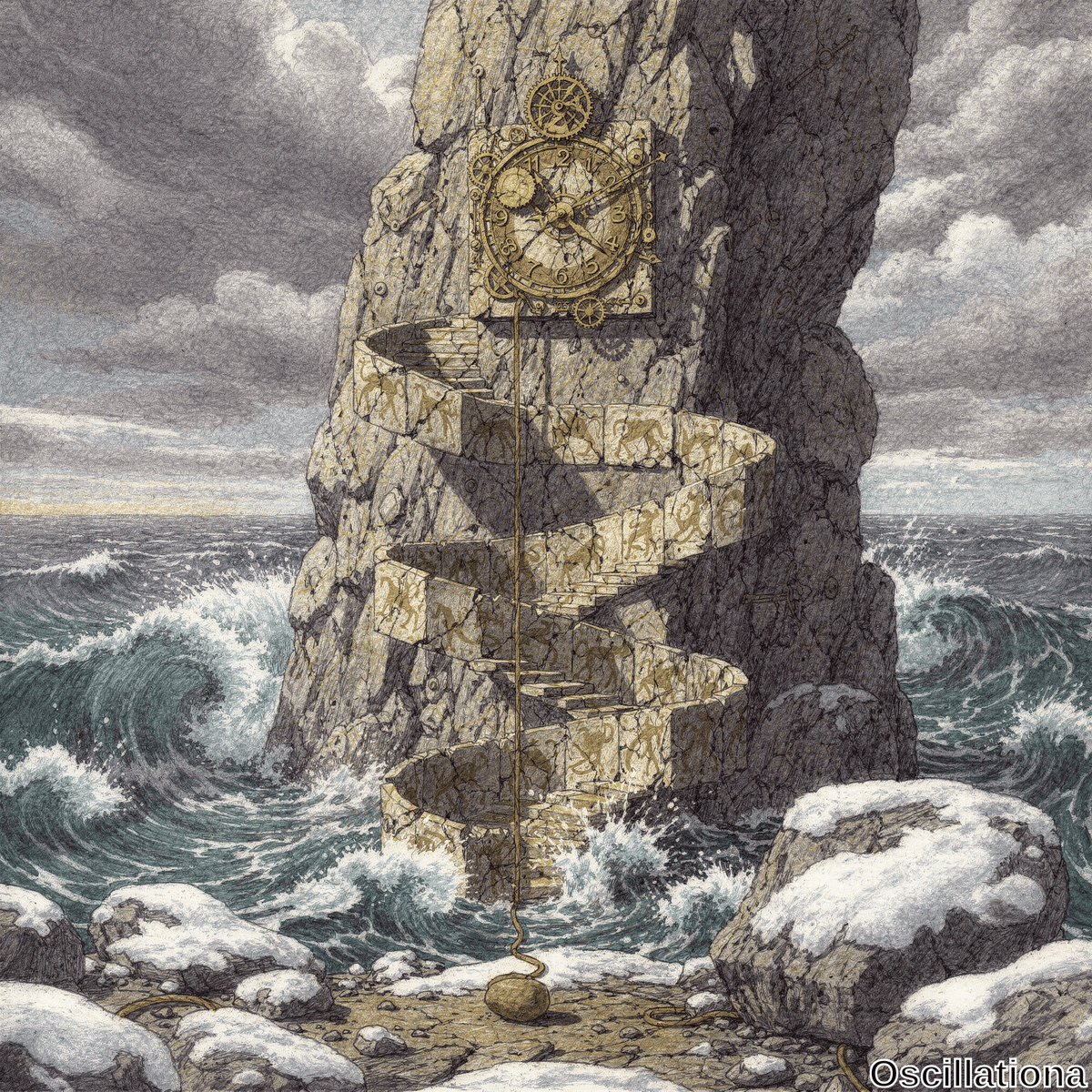 Surreal illustration of towering jagged gray rock pillar rising from snowy pebbled beach into stormy sky, embedded midway with ornate steampunk clock of golden brass gears. Spiral stone staircase winds around; teal waves crash with foam,