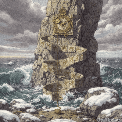 Surreal illustration of towering jagged gray rock pillar rising from snowy pebbled beach into stormy sky, embedded midway with ornate steampunk clock of golden brass gears. Spiral stone staircase winds around; teal waves crash with foam,