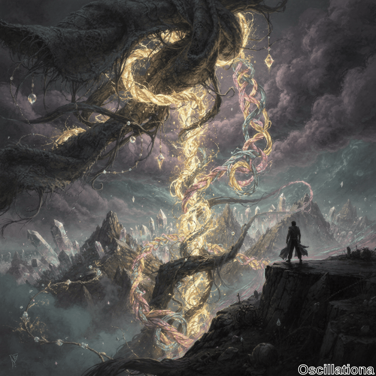 A towering, twisted structure resembling a tree with glowing yellow, pink, and green strands spirals upwards, exuding energy