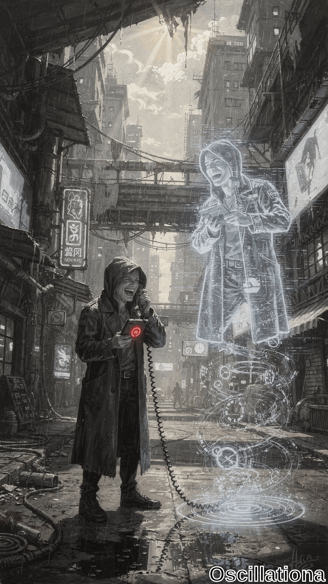 A lone hooded figure in a dark coat stands in a derelict cyberpunk street, connected by chains to a glowing blue holographic duplicate floating above. Monochrome tones with red device accents create a mysterious, futuristic mood.