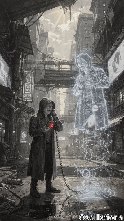A lone hooded figure in a dark coat stands in a derelict cyberpunk street, connected by chains to a glowing blue holographic duplicate floating above. Monochrome tones with red device accents create a mysterious, futuristic mood.