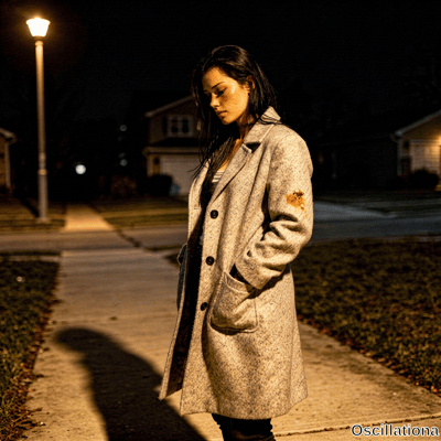 Young woman with dark hair, freckles, neck tattoo stands on night sidewalk in stained beige overcoat, hands in pockets as streetlamp casts long shadow with houses behind in moody contrast. 
.