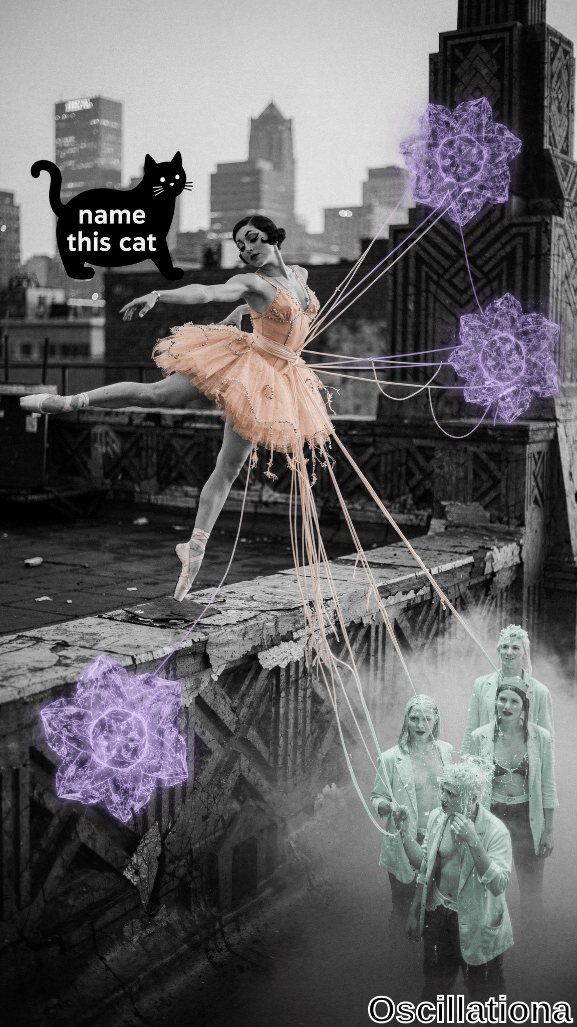 Surreal selectively colorized B&W digital art of ballerina with 1920s bob mid-grand jeté on decaying Art Deco rooftop at dusk, overlooking gritty city skyline. Peach tutu strings link to purple neon orbs