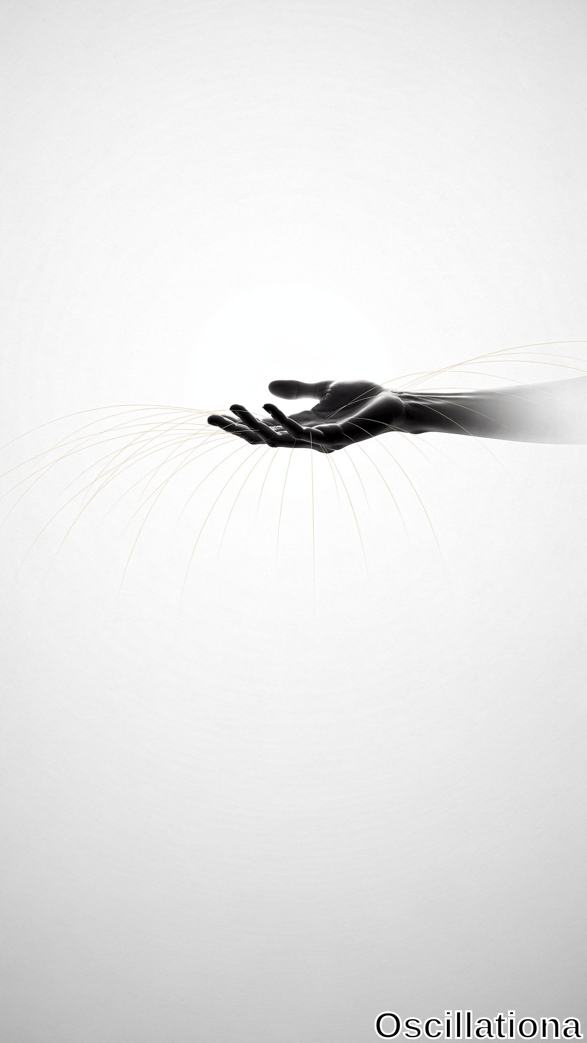 A dark hand extends palm-up with delicate golden threads streaming from the fingers across a stark white background in a minimalist composition.
