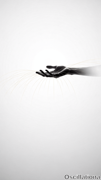 A dark hand extends palm-up with delicate golden threads streaming from the fingers across a stark white background in a minimalist composition.