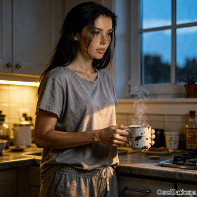 A freckled young woman with tousled black hair holds steaming mug in kitchen at dusk, her pensive gaze to right as warm light contrasts blue twilight. 
.