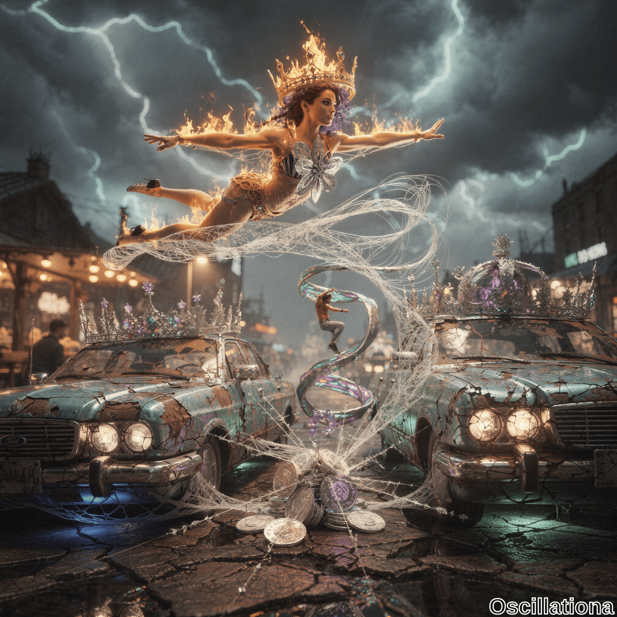 A woman with purple hair and a crown of flames, wearing a sparkling costume, flies or dances in a dark, stormy sky with dramatic lightning