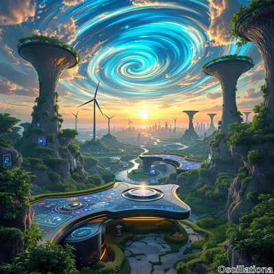 A futuristic landscape with a swirling sky in shades of blue and turquoise, creating a cosmic atmosphere.