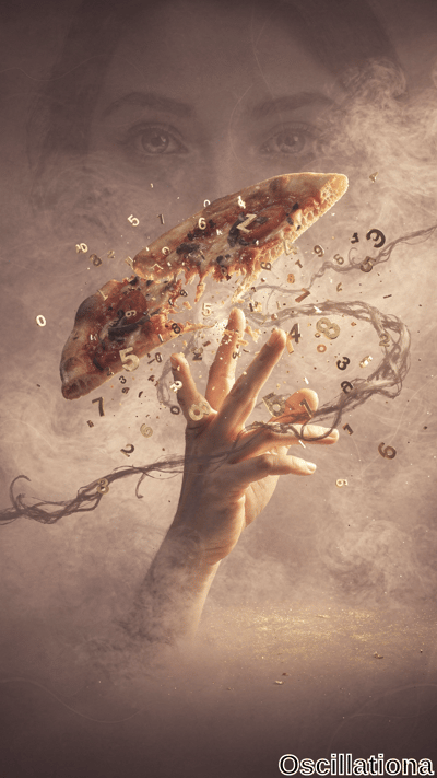 A hand emerges from mist to grasp a floating pizza slice that fractures into numbers and symbols, with a faint face visible in the smoky background. Warm sepia tones and swirling particles create an ethereal mood.