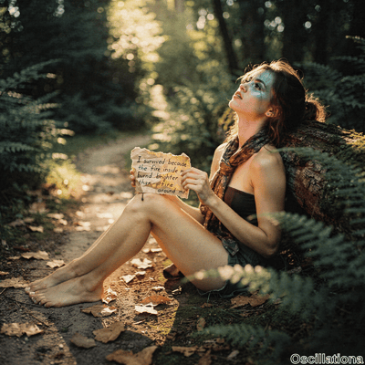 Young woman with long wavy auburn ponytail sits barefoot on forest floor against mossy log, gazing dreamily up with teal-blue eye makeup and parted lips. Rust-red scarf drapes maroon tube top, frayed denim shorts;