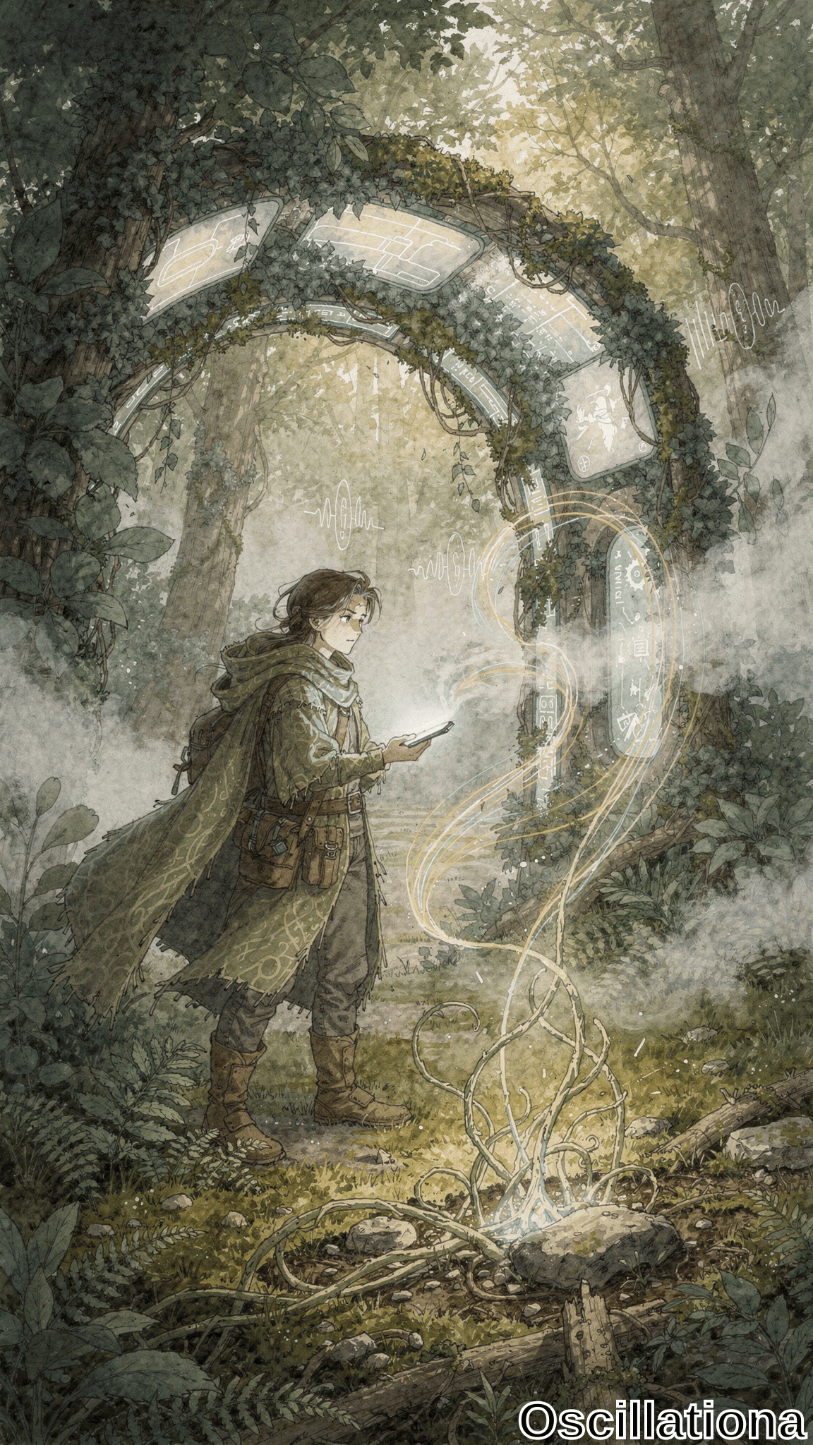 Watercolor fantasy art of androgynous adventurer in green hooded cloak, brown pants, boots, and gear, dynamically facing massive vine-draped arched portal in lush jungle. Holds glowing tablet linked by golden energy tendrils