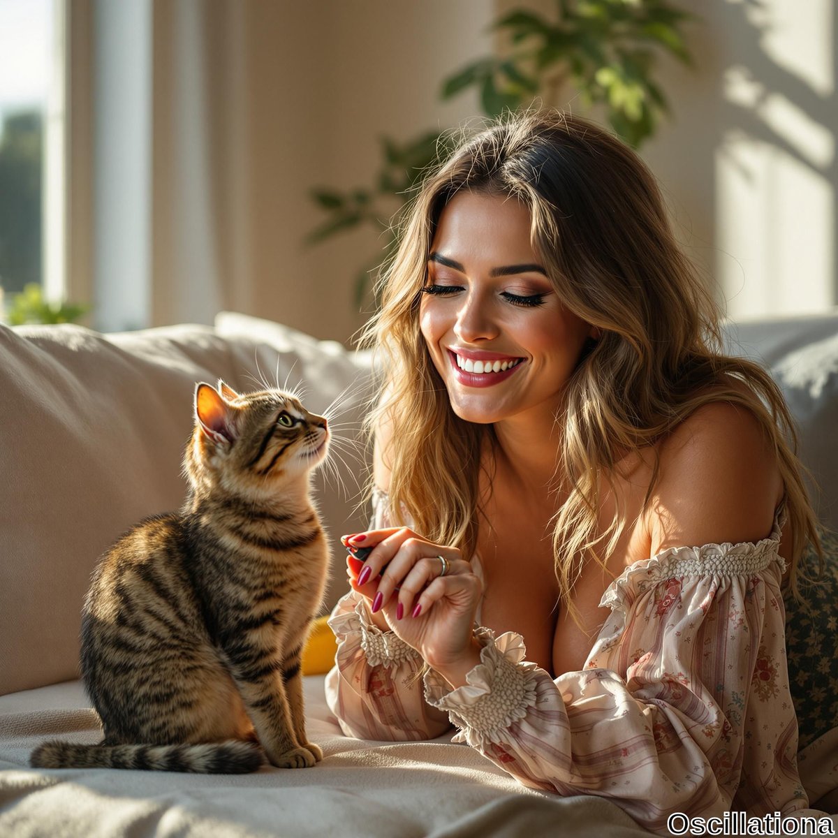 A woman with long, wavy hair and a floral blouse smiles joyfully, reaching towards her playful tabby cat with bright eyes.