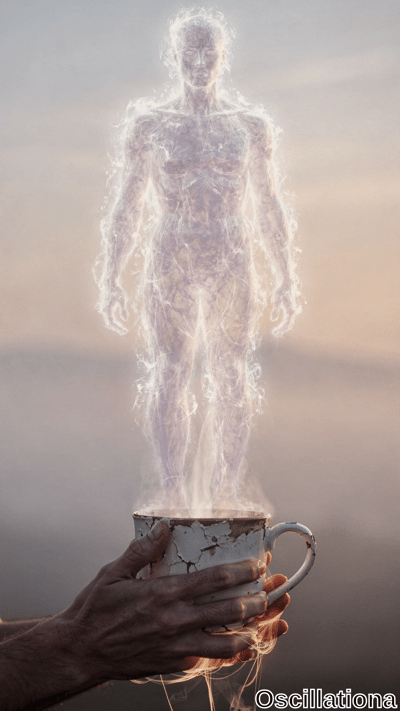 A hand grips a cracked white mug releasing a glowing translucent human figure into soft misty dawn light. Pastel fog and ethereal smoke create a surreal, mystical mood.