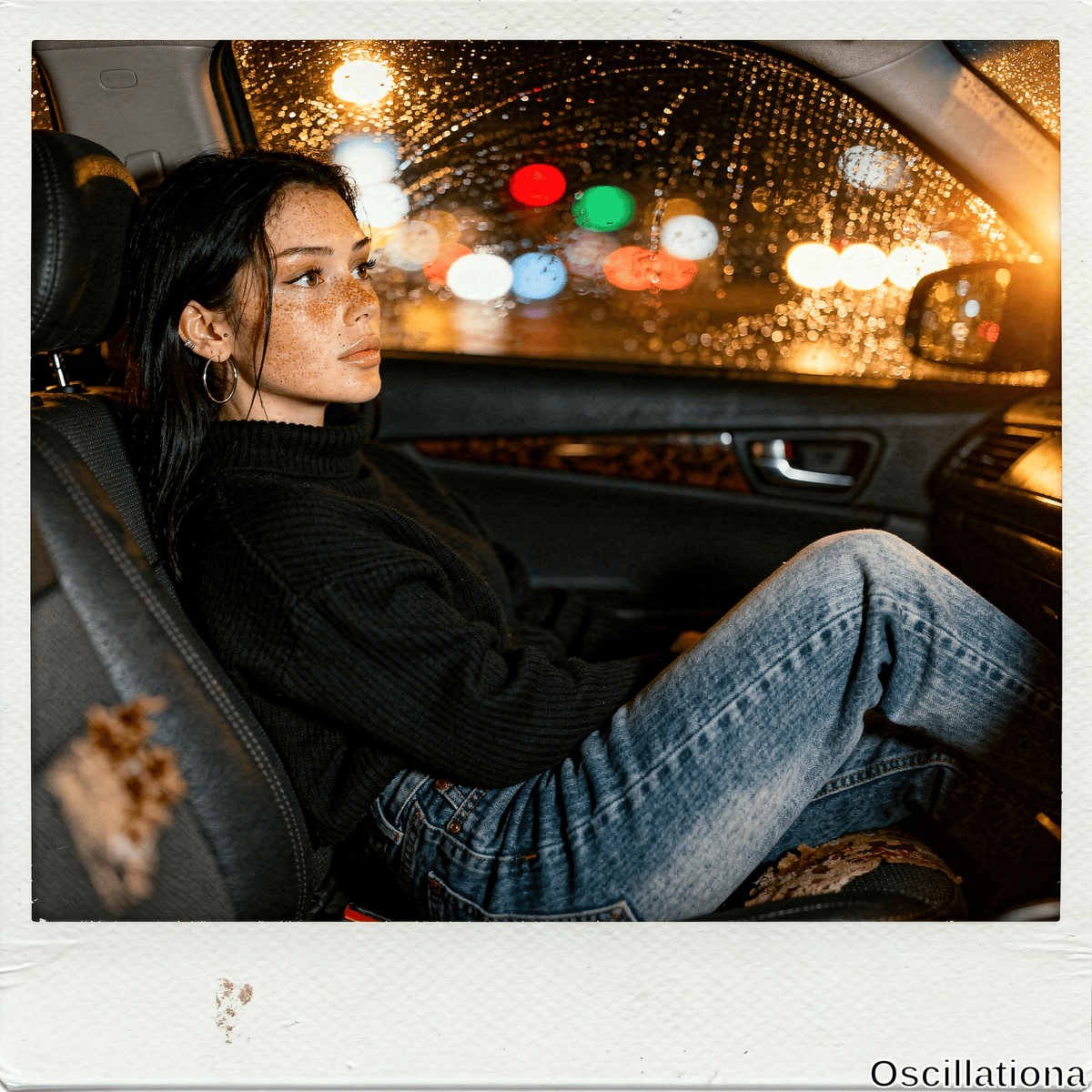 Young woman with long black hair, freckles, black turtleneck, faded jeans, gold hoops sits pensively in luxury car on rainy night, leg propped. Rain blurs vibrant multicolored city lights outside; vintage Polar